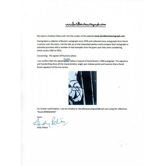 David Bowie "Music Icon" Autographed Un-Published 10x8 B/W 1999 Signed W/LOA
