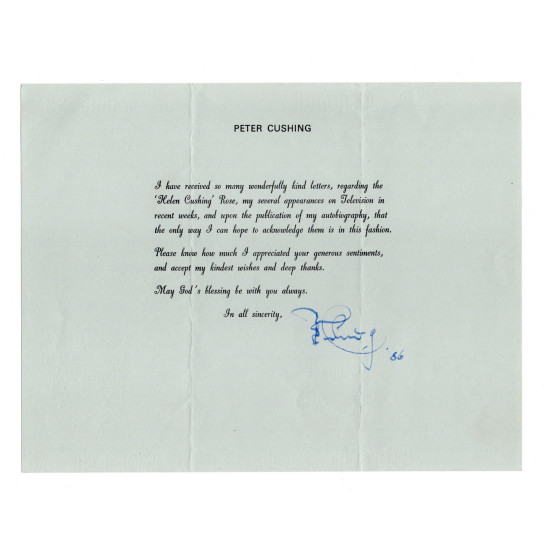 Peter Cushing Doctor Who, Star Wars & Dracula Hammer Horror Signed Letter Autographed